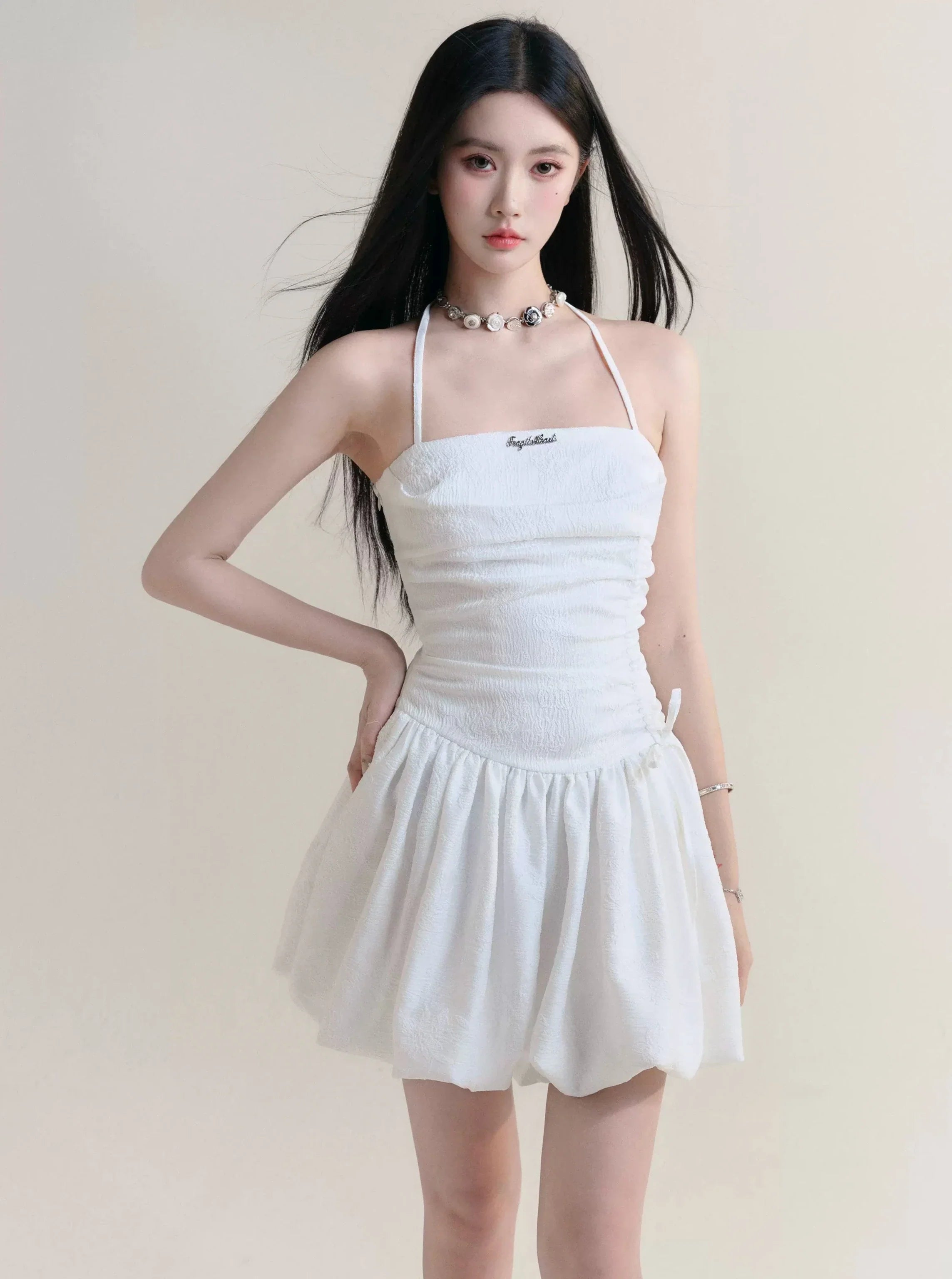 Angelic White Halter Mini Sundress with Ruched Bodice