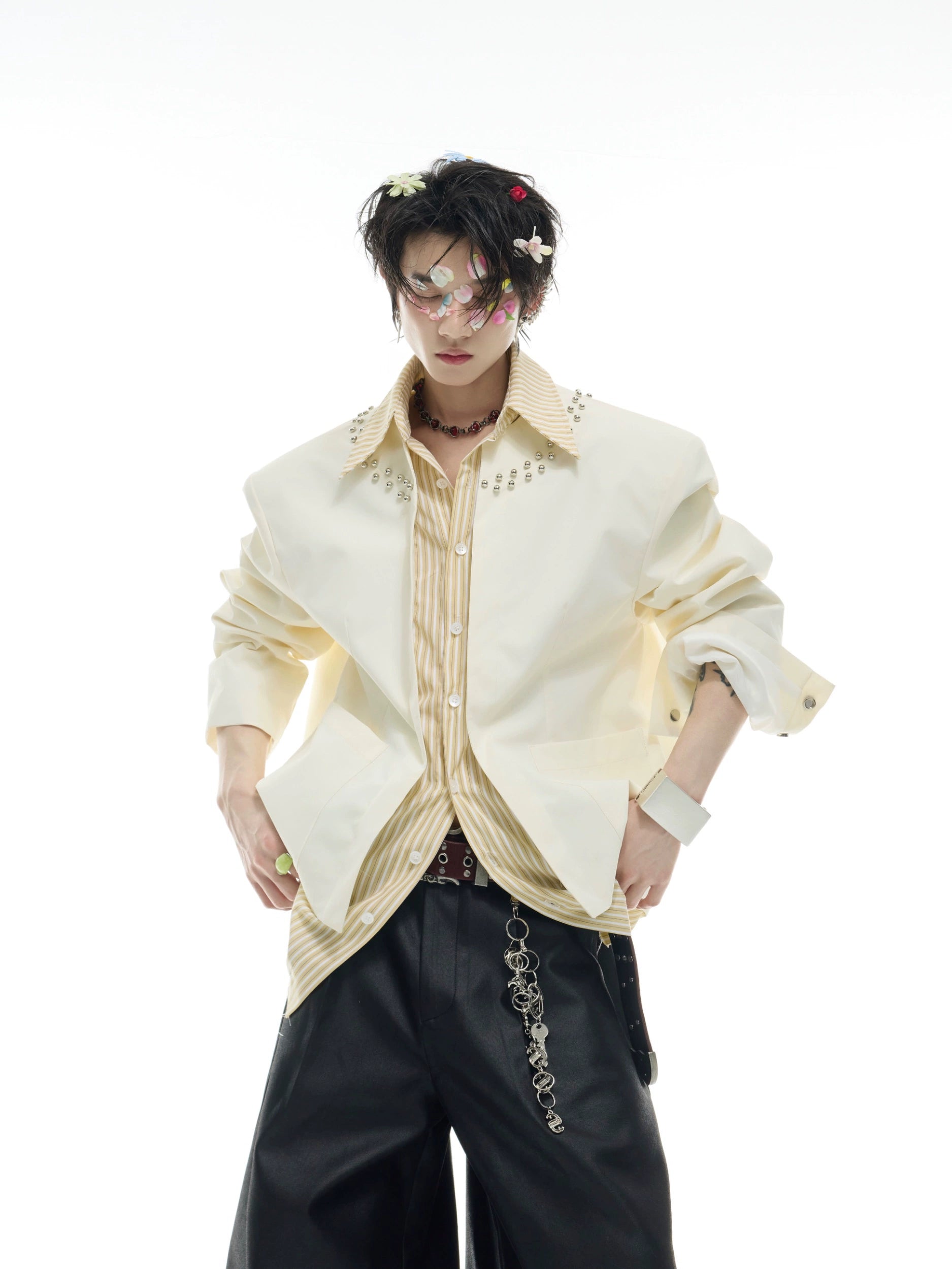 Crystal Collar Cream Zip-Up Jacket