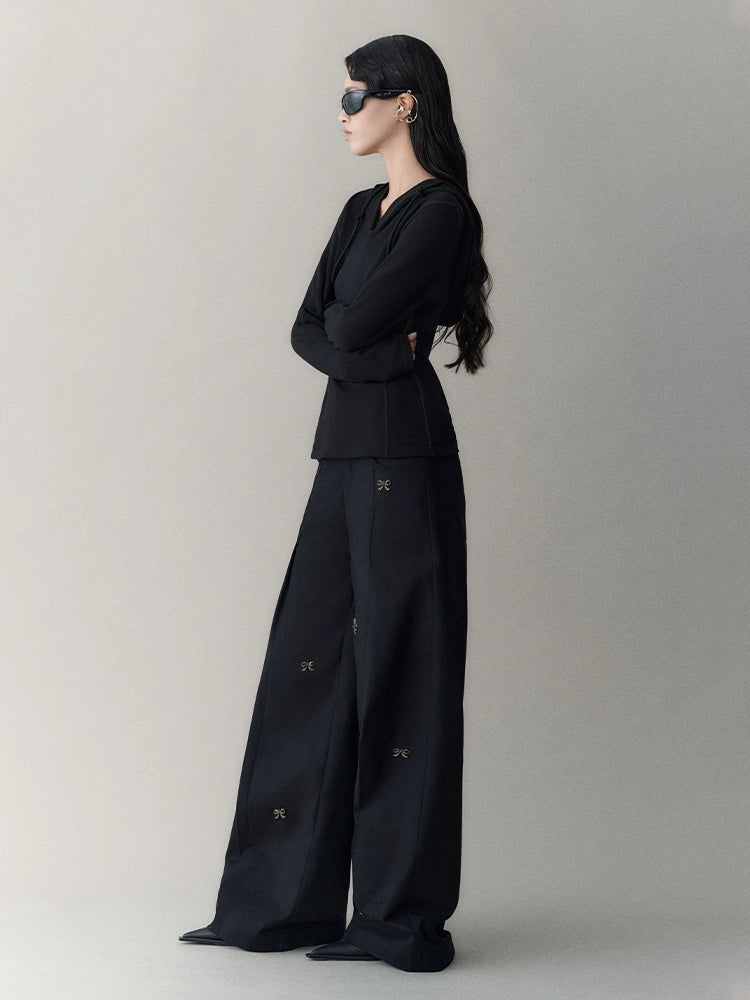 Embroidered Embellished Wide-Leg Trousers