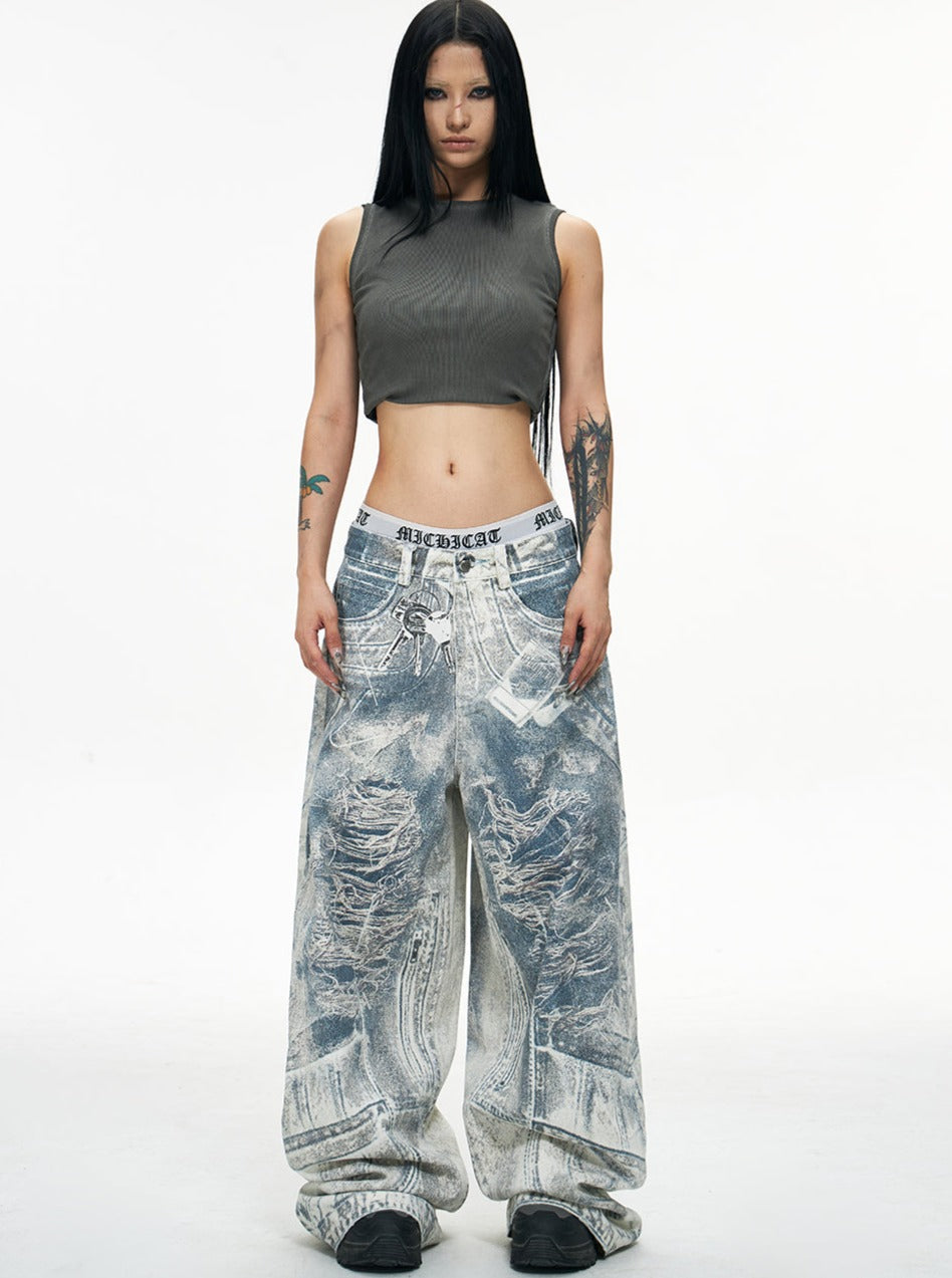 Acid Wash Wide-Leg Baggy Jeans