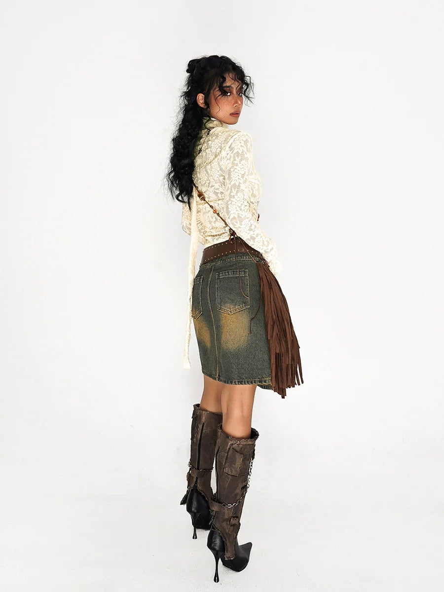 Nico Molly Distressed Denim Mini Skirt - Olive Green/Yellow (Women's)