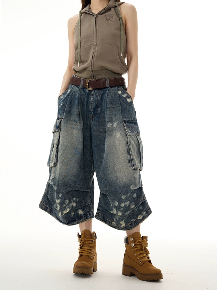 Bleached Wide-Leg Denim Cargo Shorts