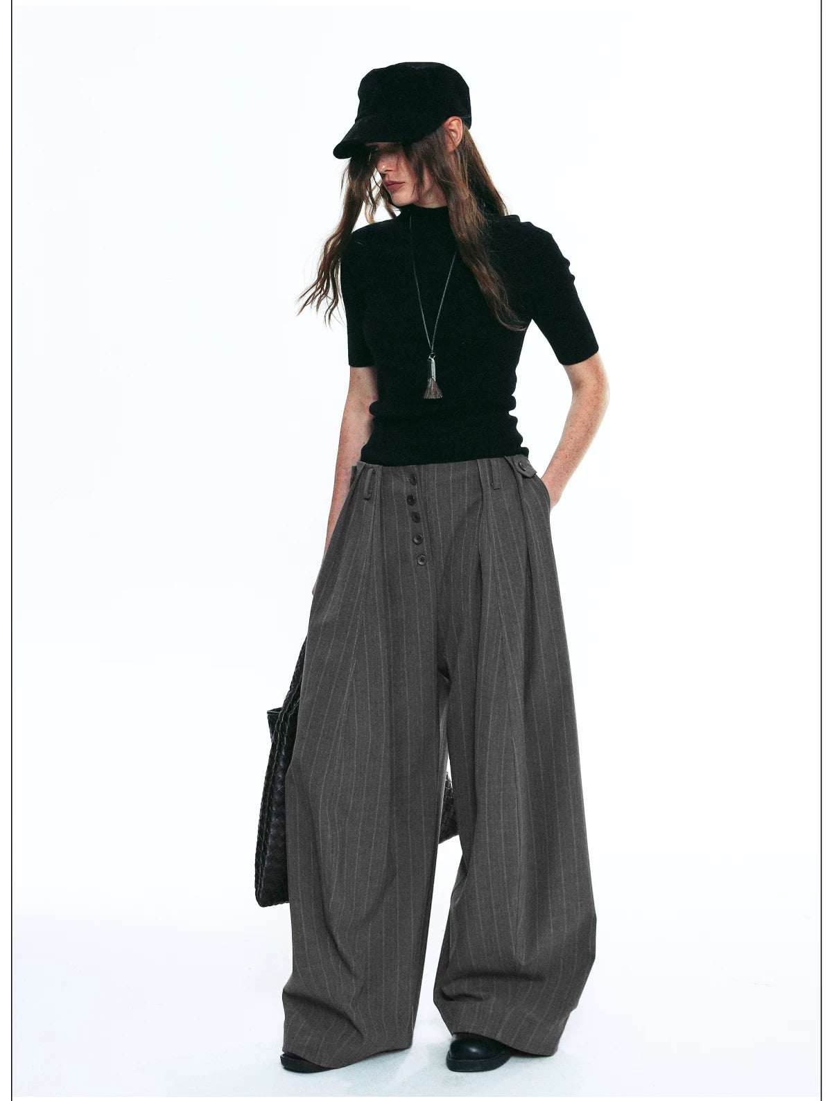 Exposed Button Pinstripe Wide Trousers