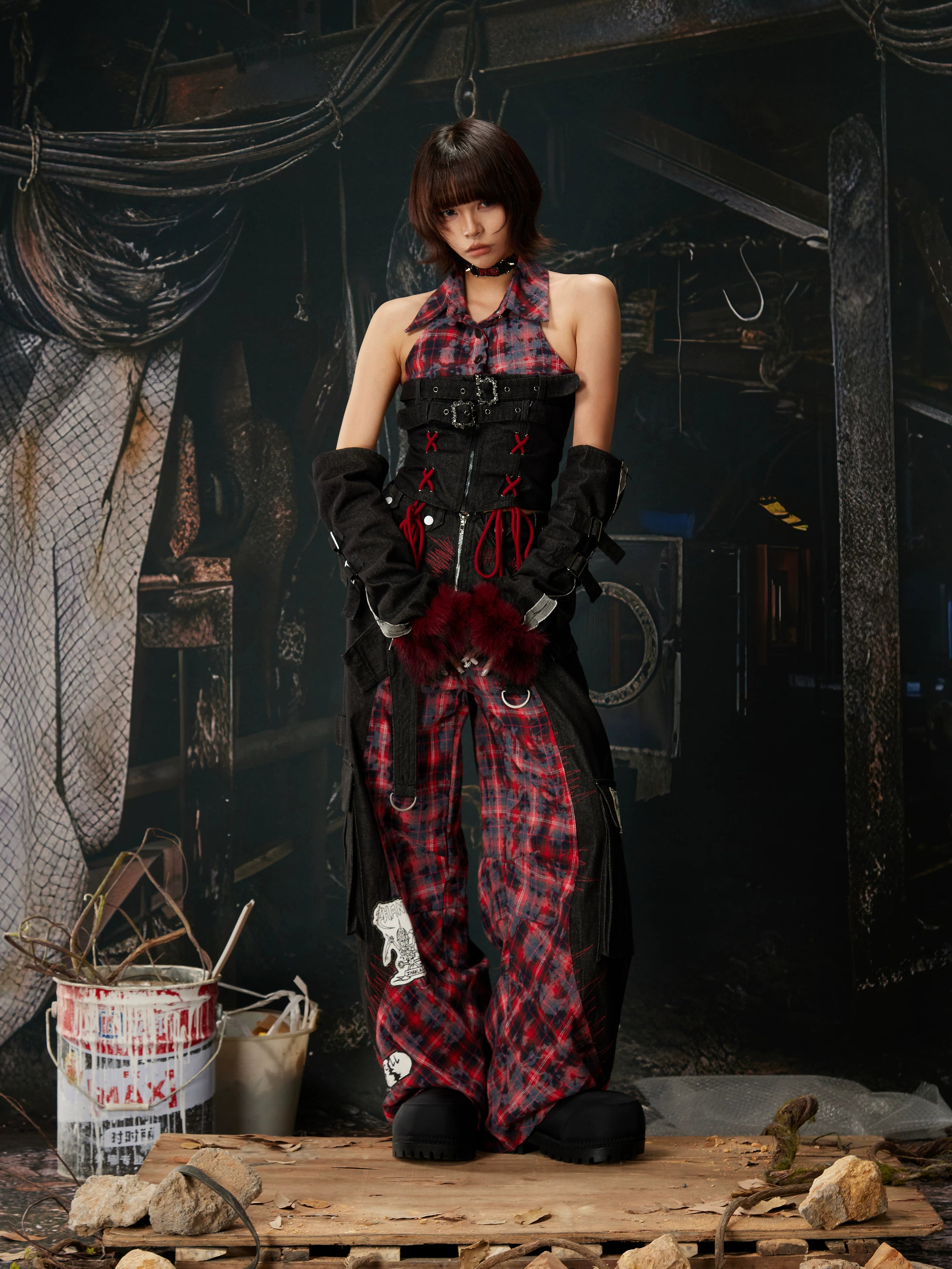 Riot Plaid Layered Trench Cargo Pants