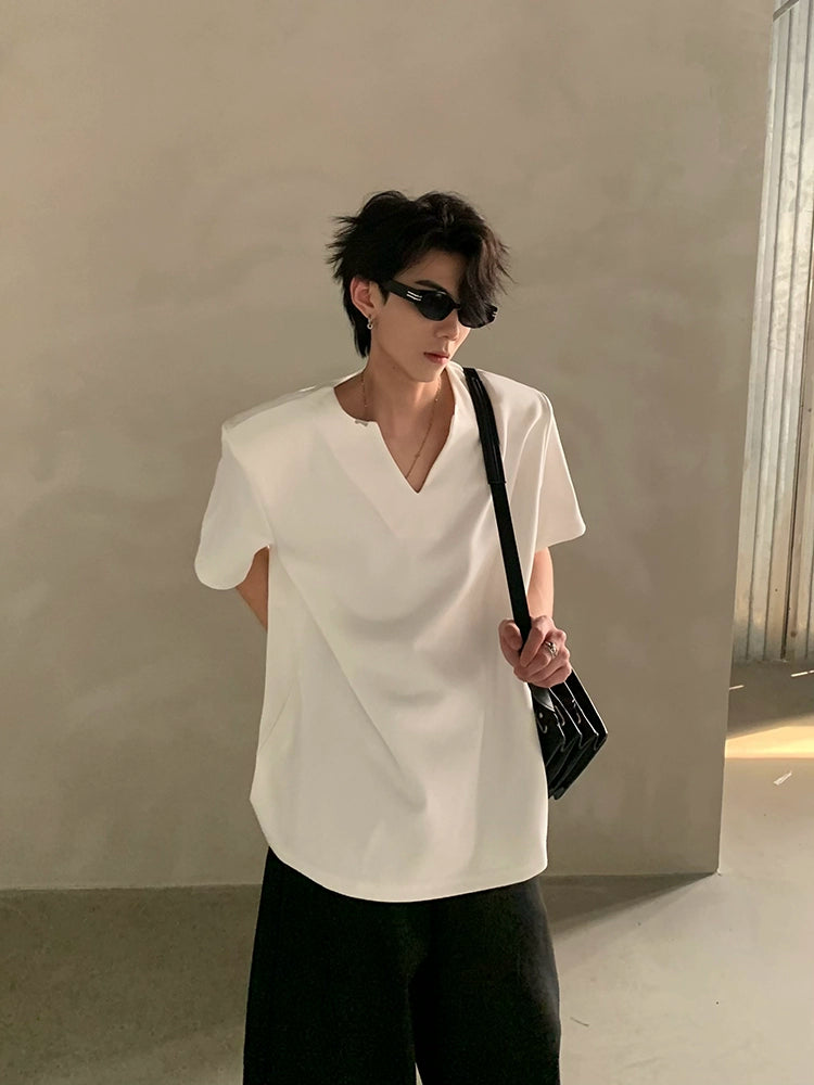 Minimalist Short Sleeve Shirt with V Notch Neckline