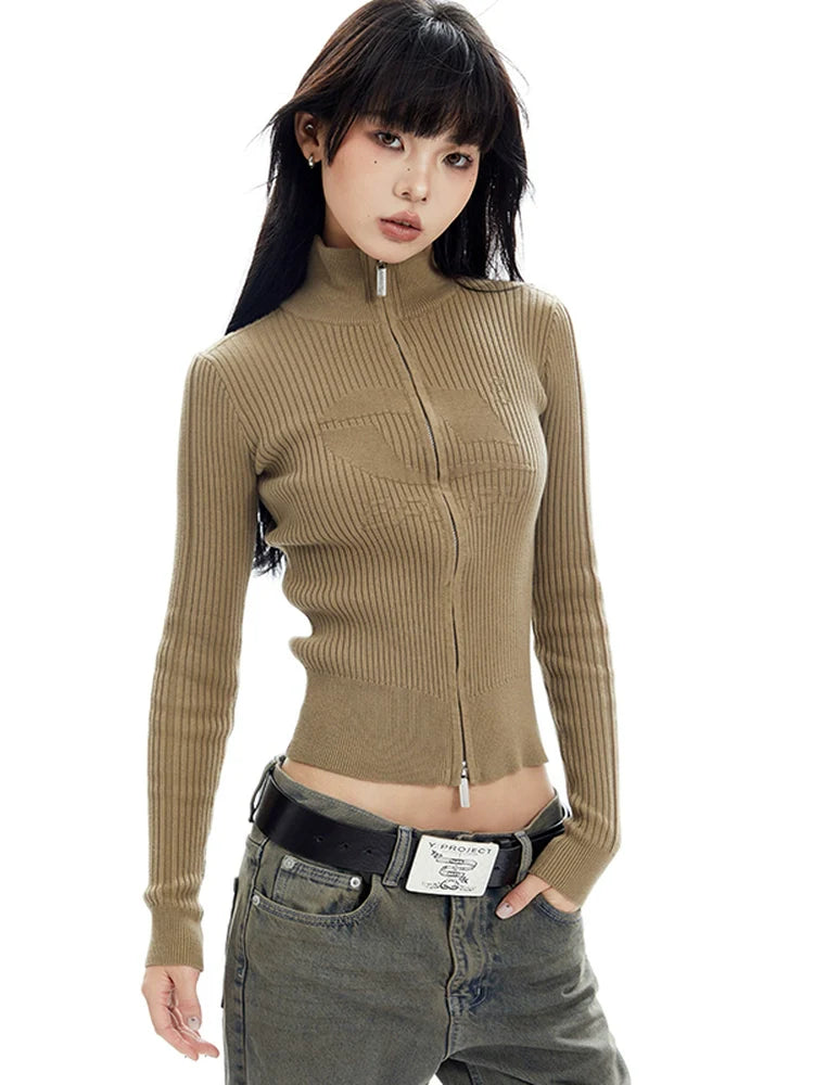 Ribbed Zip-Front Mock Neck Sweater