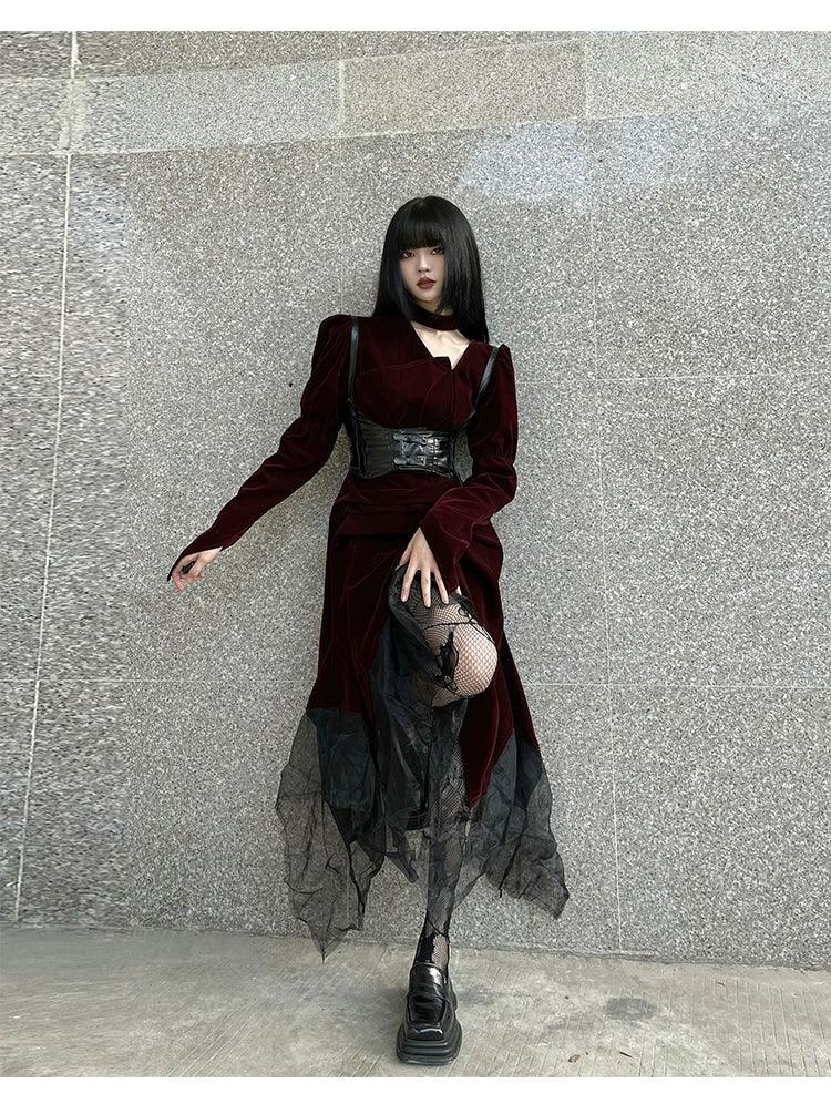 Ladyghost Gothic Victorian Maxi Dress - Women'S Burgundy Velvet And Black Mesh Layered Gown With Corset Belt