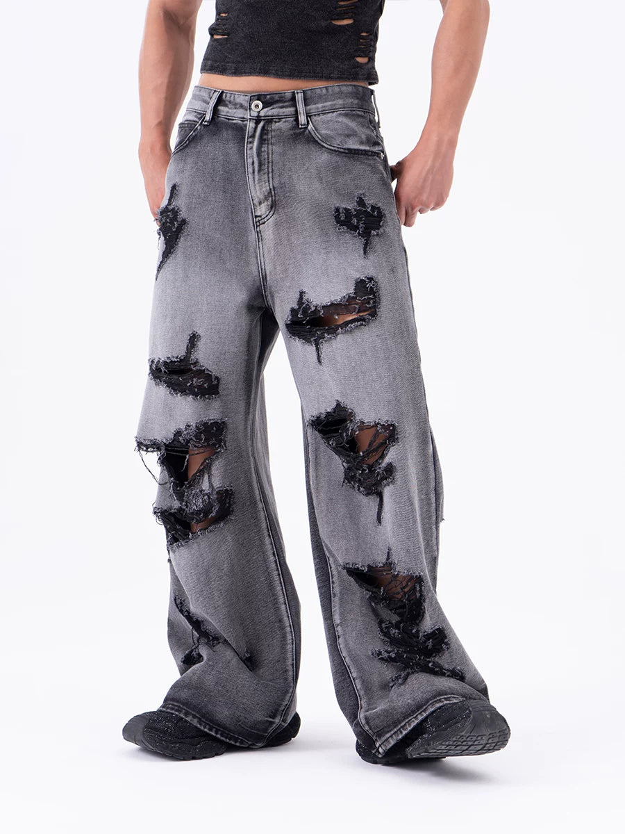 Ruin Fade Shredded Wide-Leg Jeans