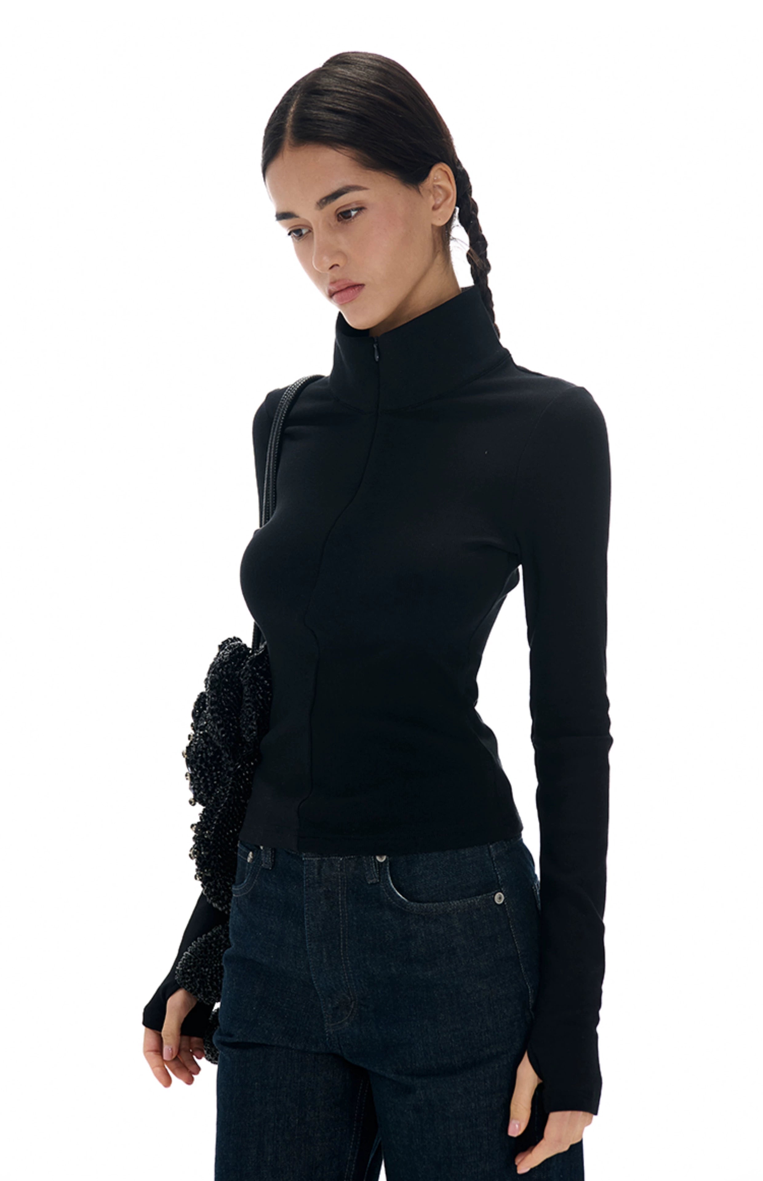 Half-Placket High Collar Long Sleeve T-Shirt Top