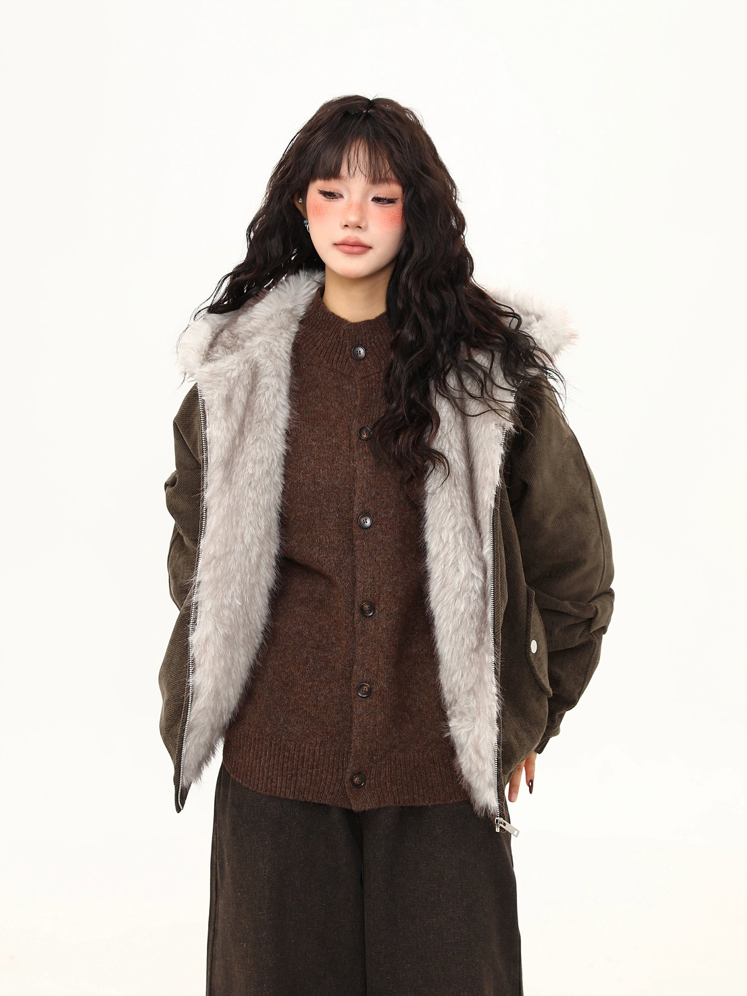 Moss Herringbone Faux Fur Collar Jacket