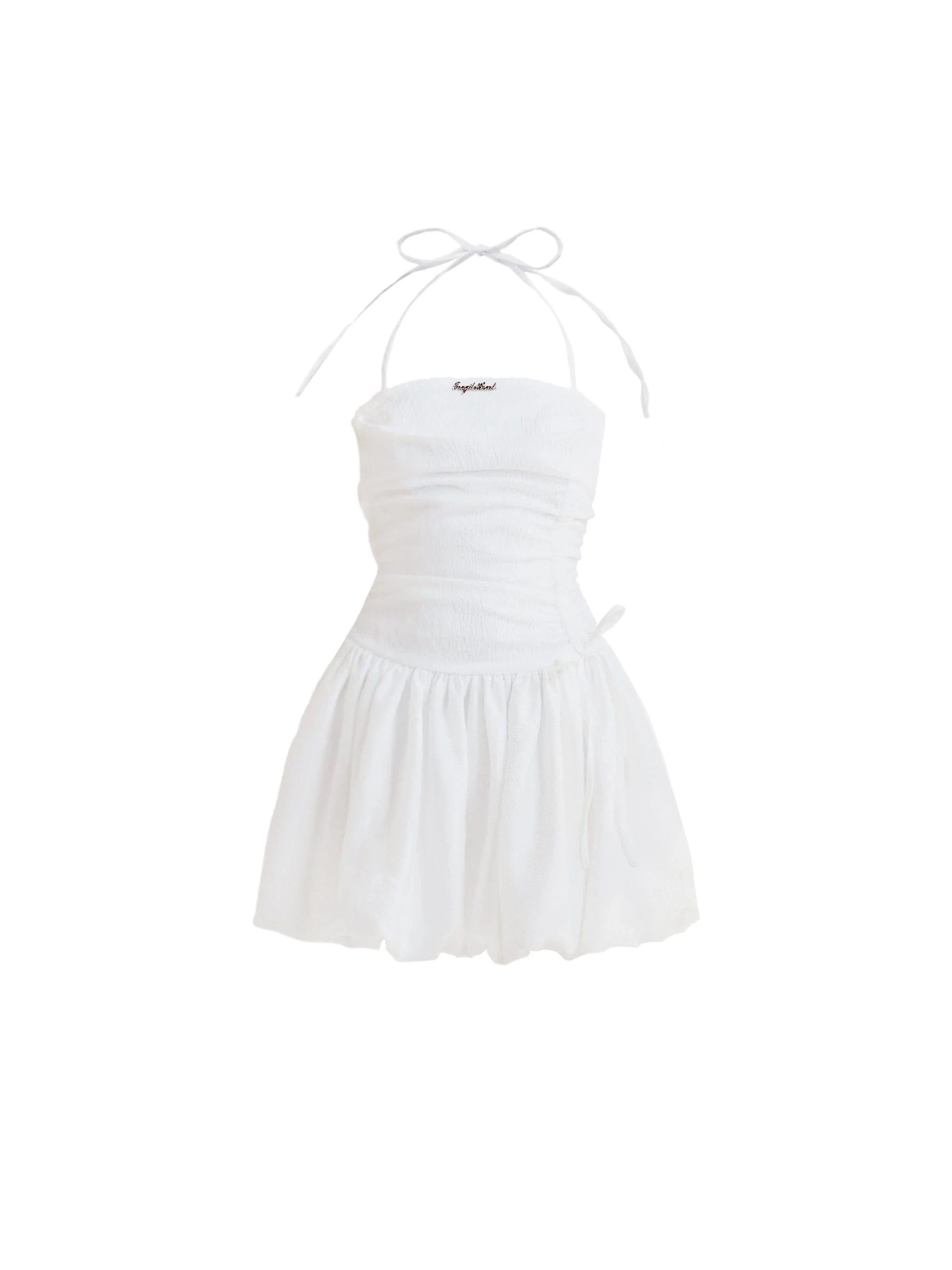 Angelic White Halter Mini Sundress with Ruched Bodice