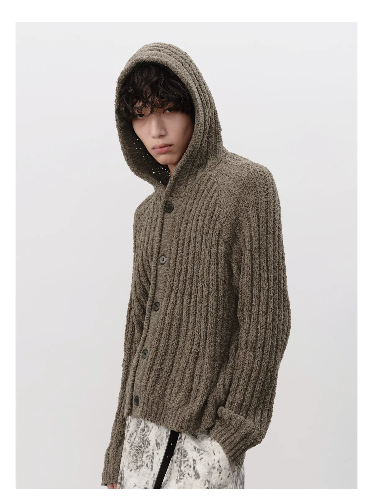 Ribbed Button-Up Knit Hoodie Cardigan