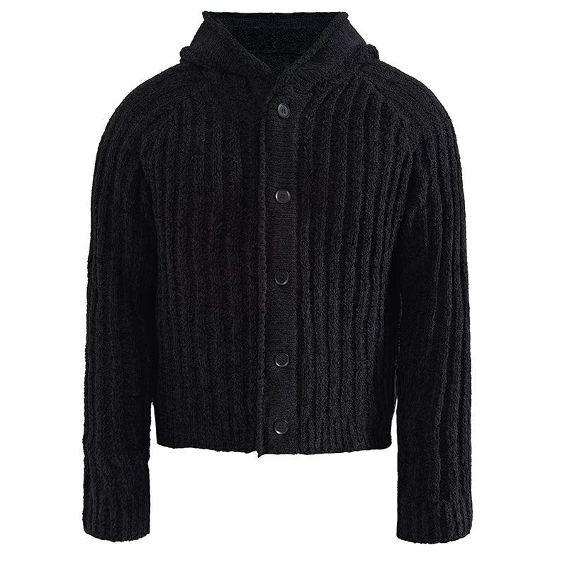 Ribbed Button-Up Knit Hoodie Cardigan