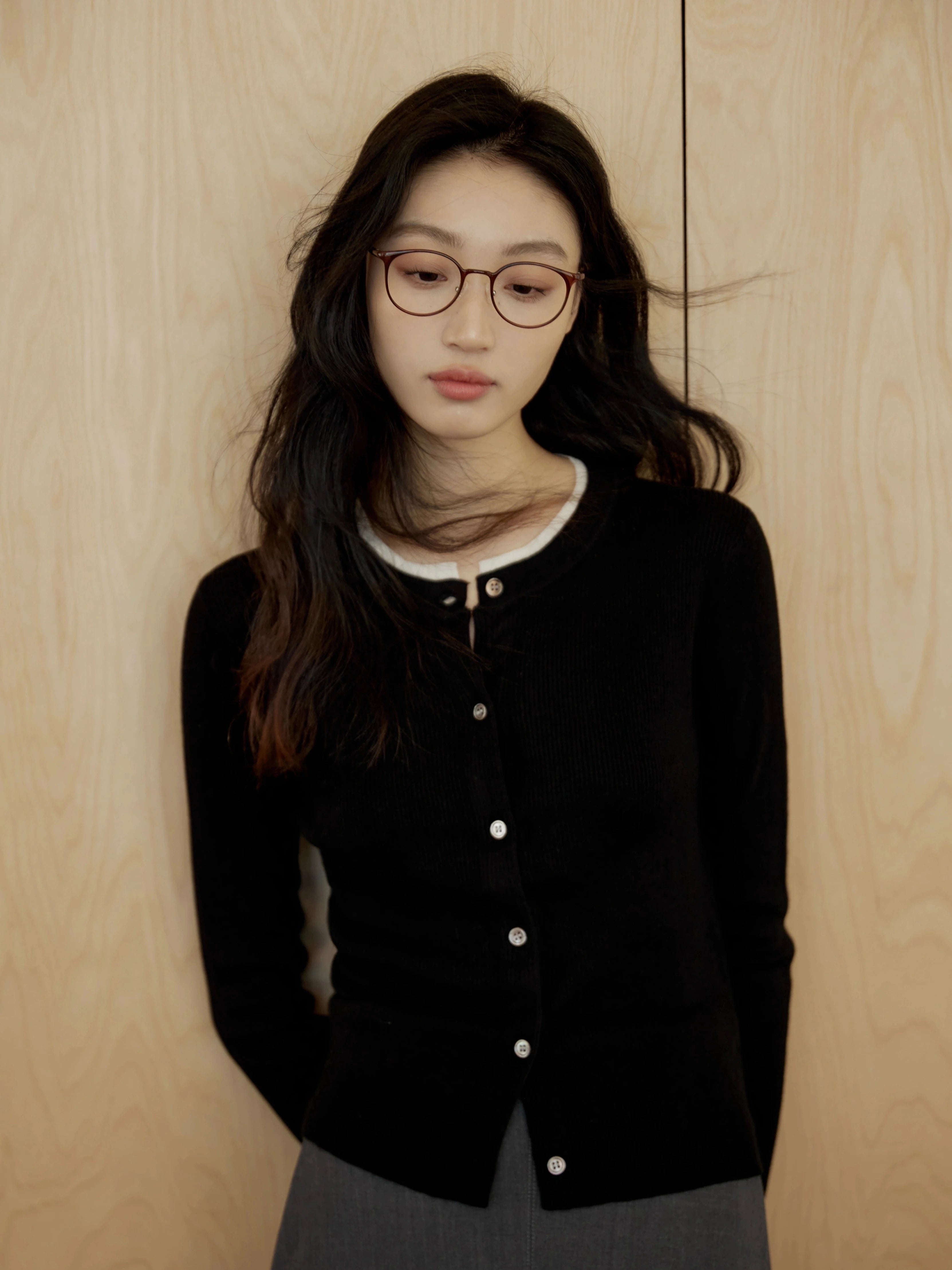 Button-Up Cardigan Sweater with White Fake Inner Layer