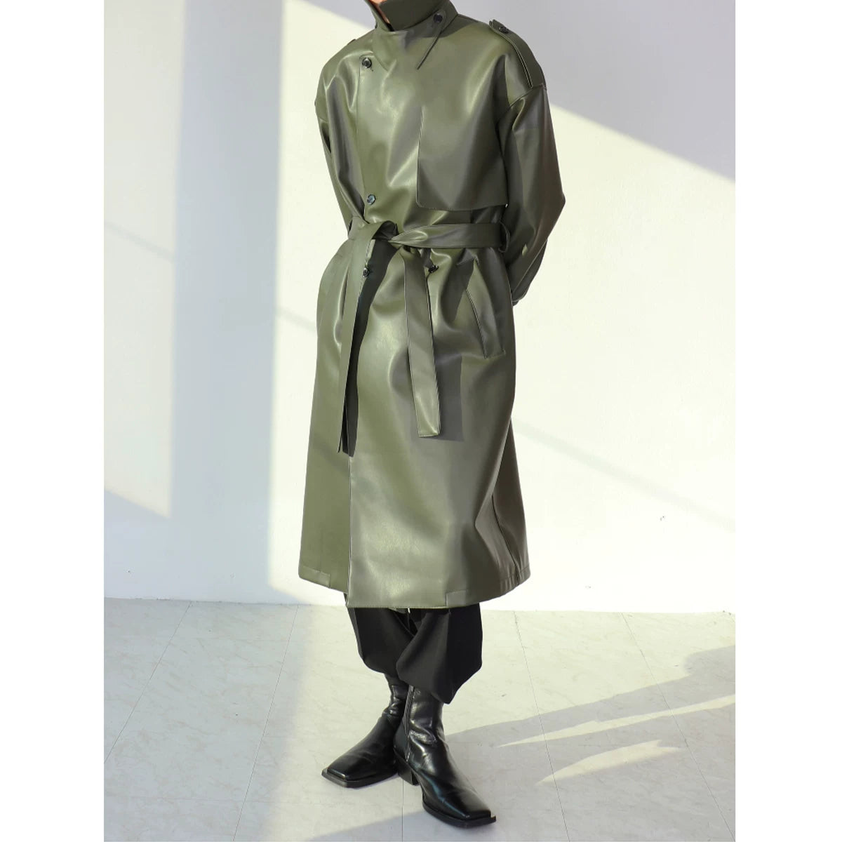 Noir Eclipse Belted Faux Leather Trench Coat