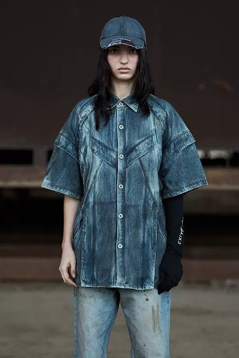 Distressed Denim Short Sleeve Shirt - chiclara