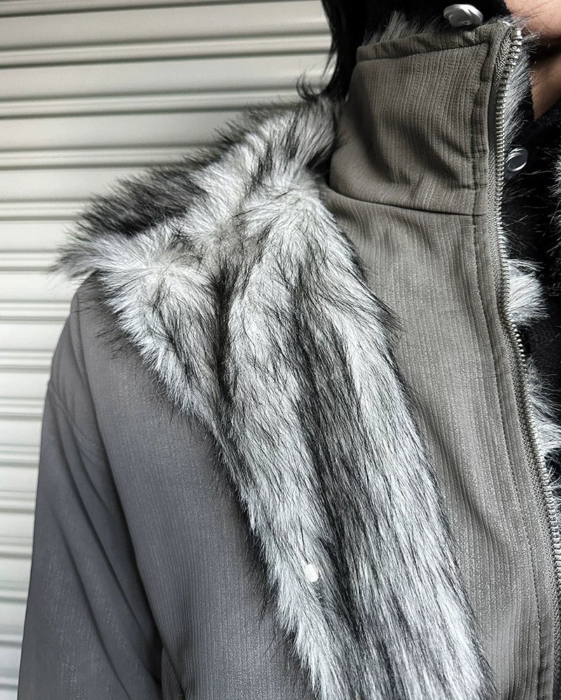 Frostbite V-Line Wolf-Fur Bomber Jacket