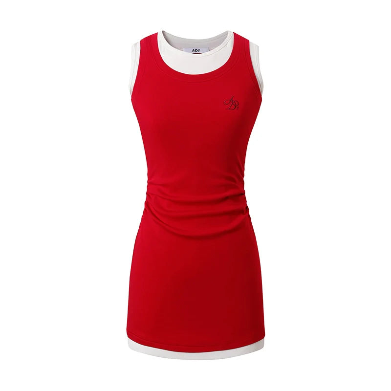 Athletic Layered Tank Dress - Sleeveless Fitted Mini with Contrast Trim