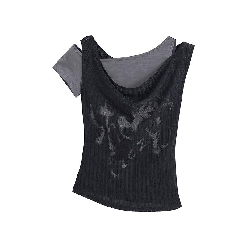 Cest Nous Black Asymmetric Cold Shoulder Top - Women'S Ribbed Graphic Print Cowl Neck Blouse