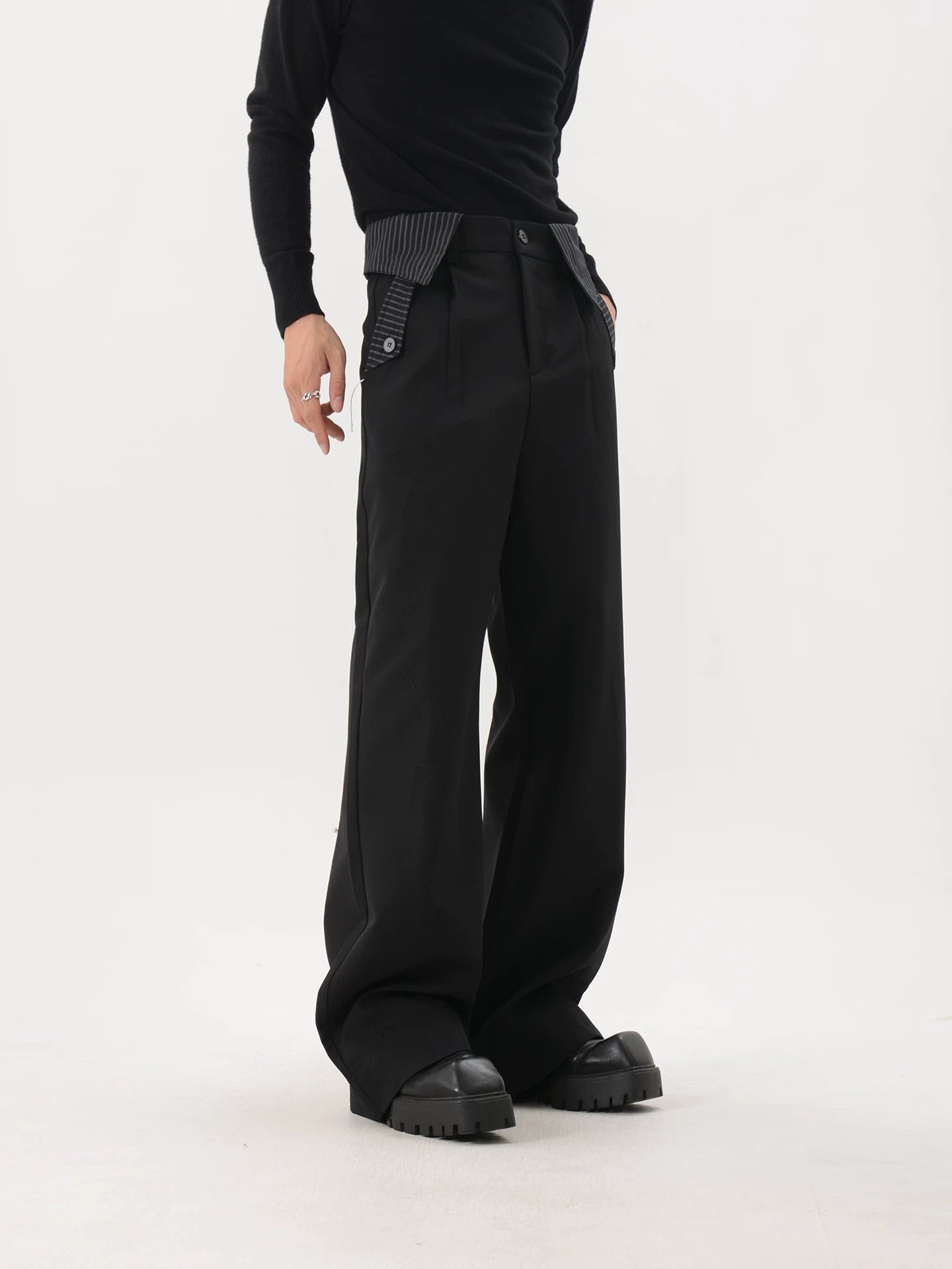 Black Pinstripe-Trim Wide-Leg Trousers