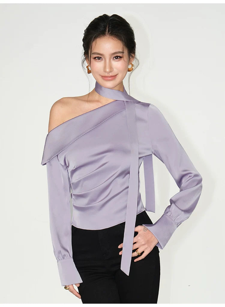 Asymmetric Choker Satin Ruched Blouse