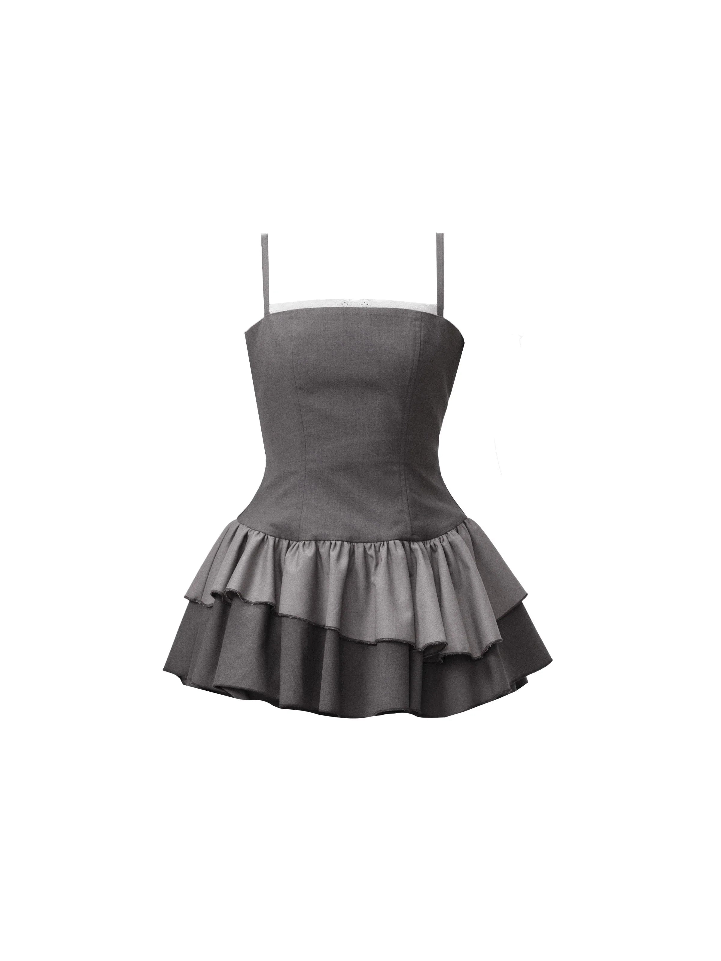 Charcoal Chic: Strapless Ruffle-Tier Mini Dress