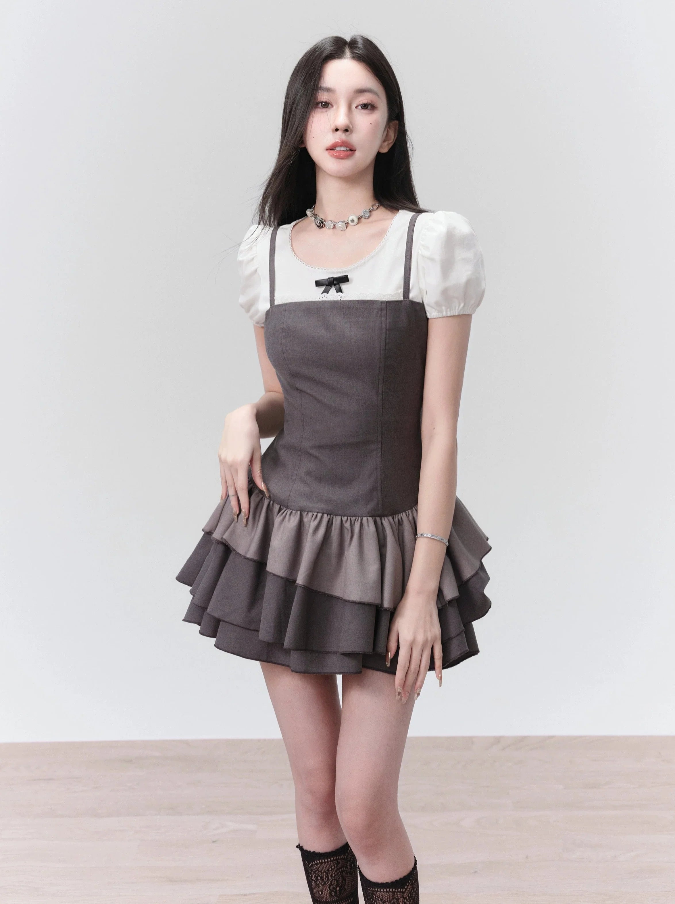 Sweet Lolita White Puff Sleeve Crop Top and Tiered Lace Mini Skirt Set