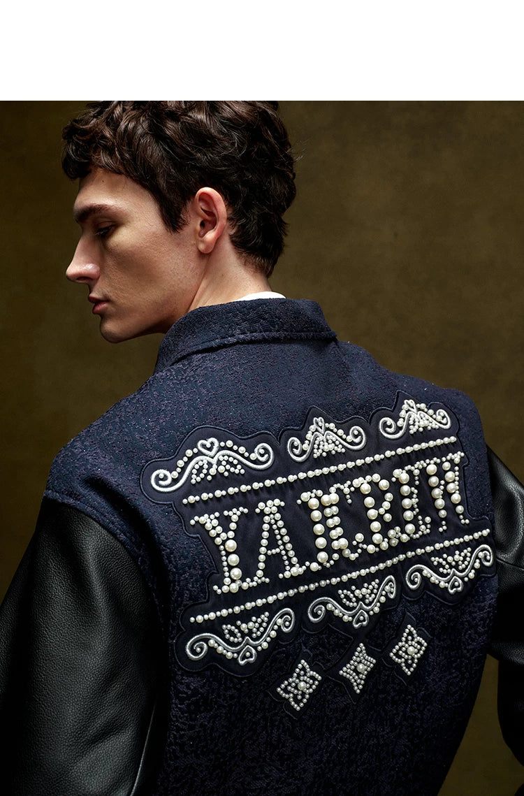 Pearl Embellished Contrast Sleeve Varsity Jacket