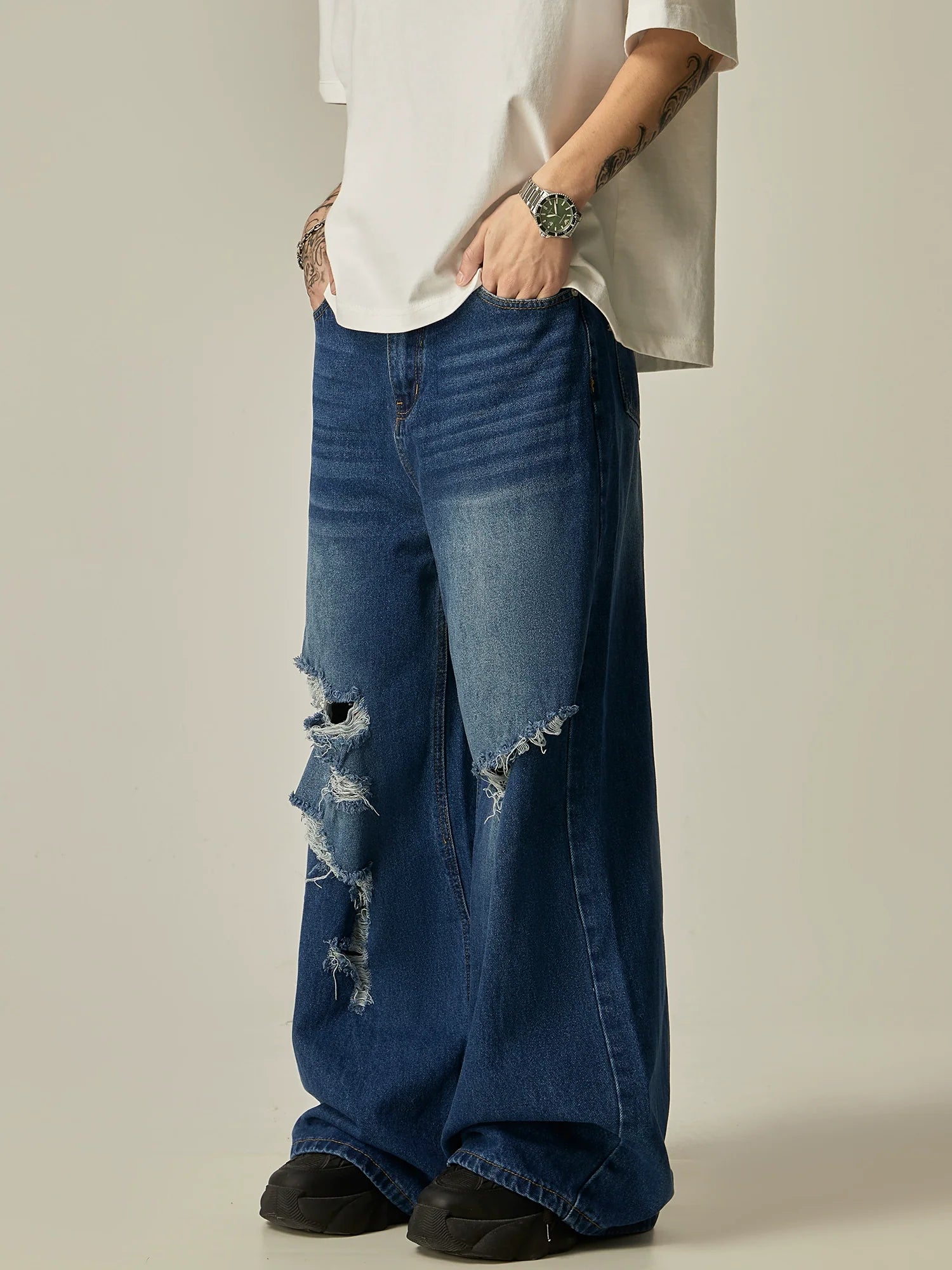 Distressed Wide-Leg High-Waisted Flare Jeans