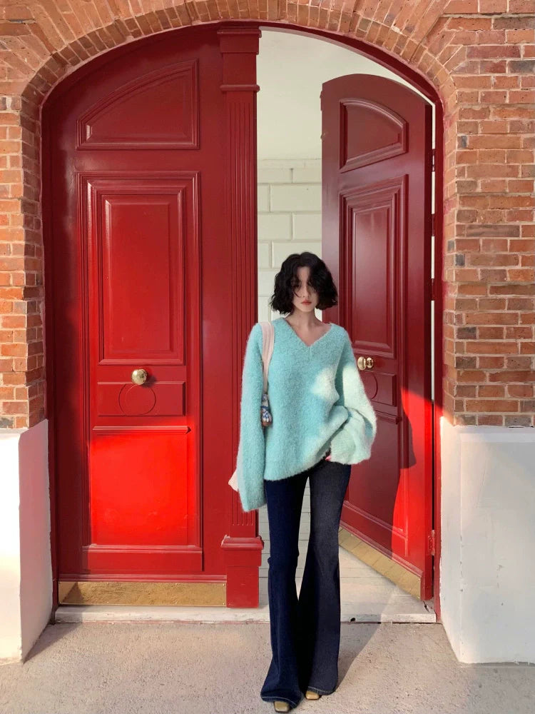 Fuzzy V-Neck Oversized Sweater