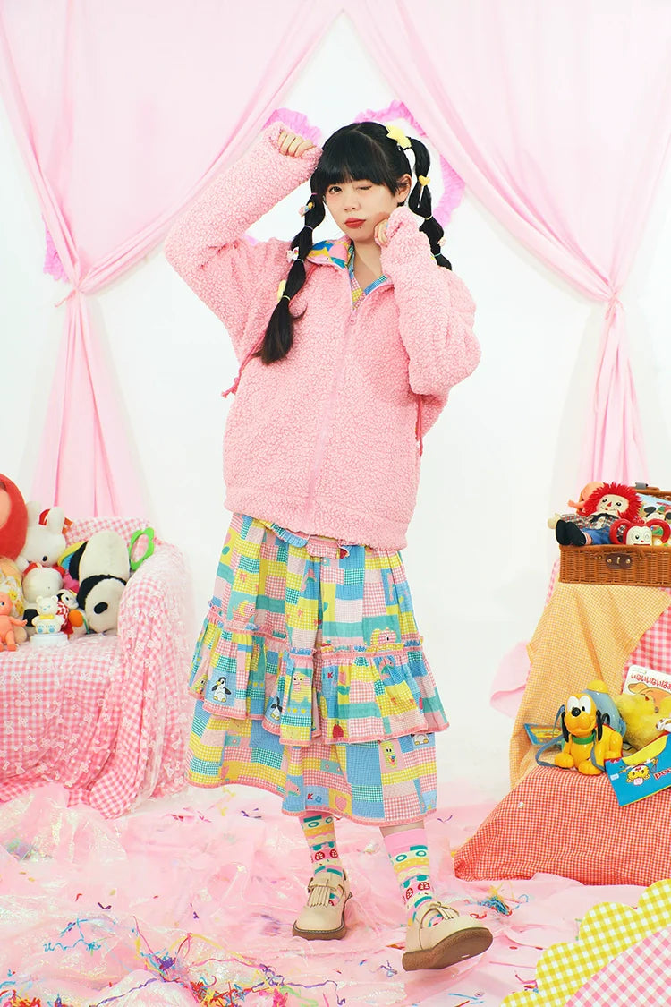 Cartoon Patchwork Sherpa Lined Zip Jacket