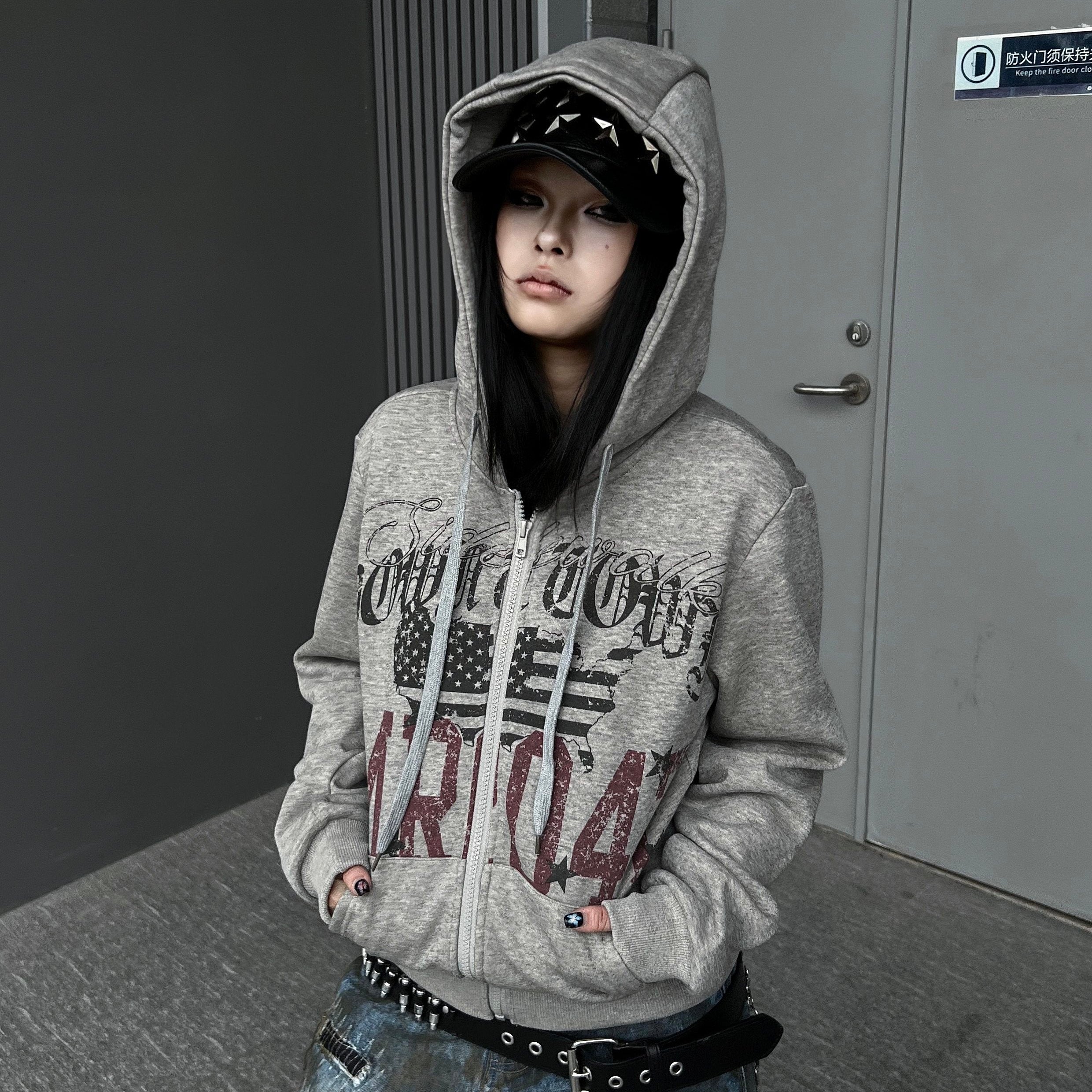 Men's Distressed Letter-Print Fleece-Lined Zip-Up Hoodie