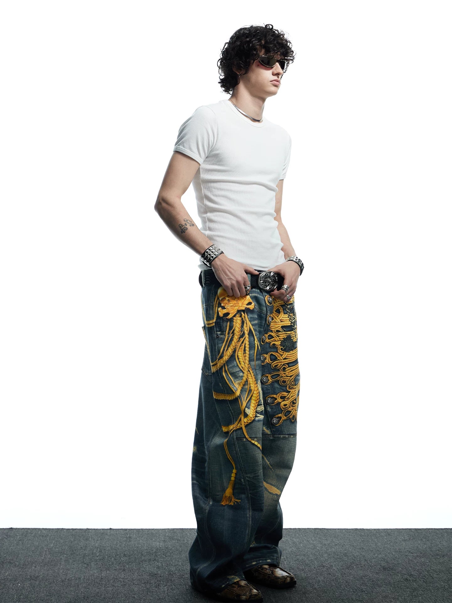 Baroque Military Embroidered Distressed Wide-Leg Jeans