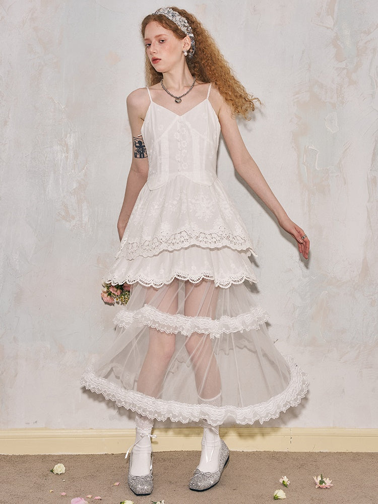 Romantic Hollow Embroidery Lace Camisole Dress - chiclara