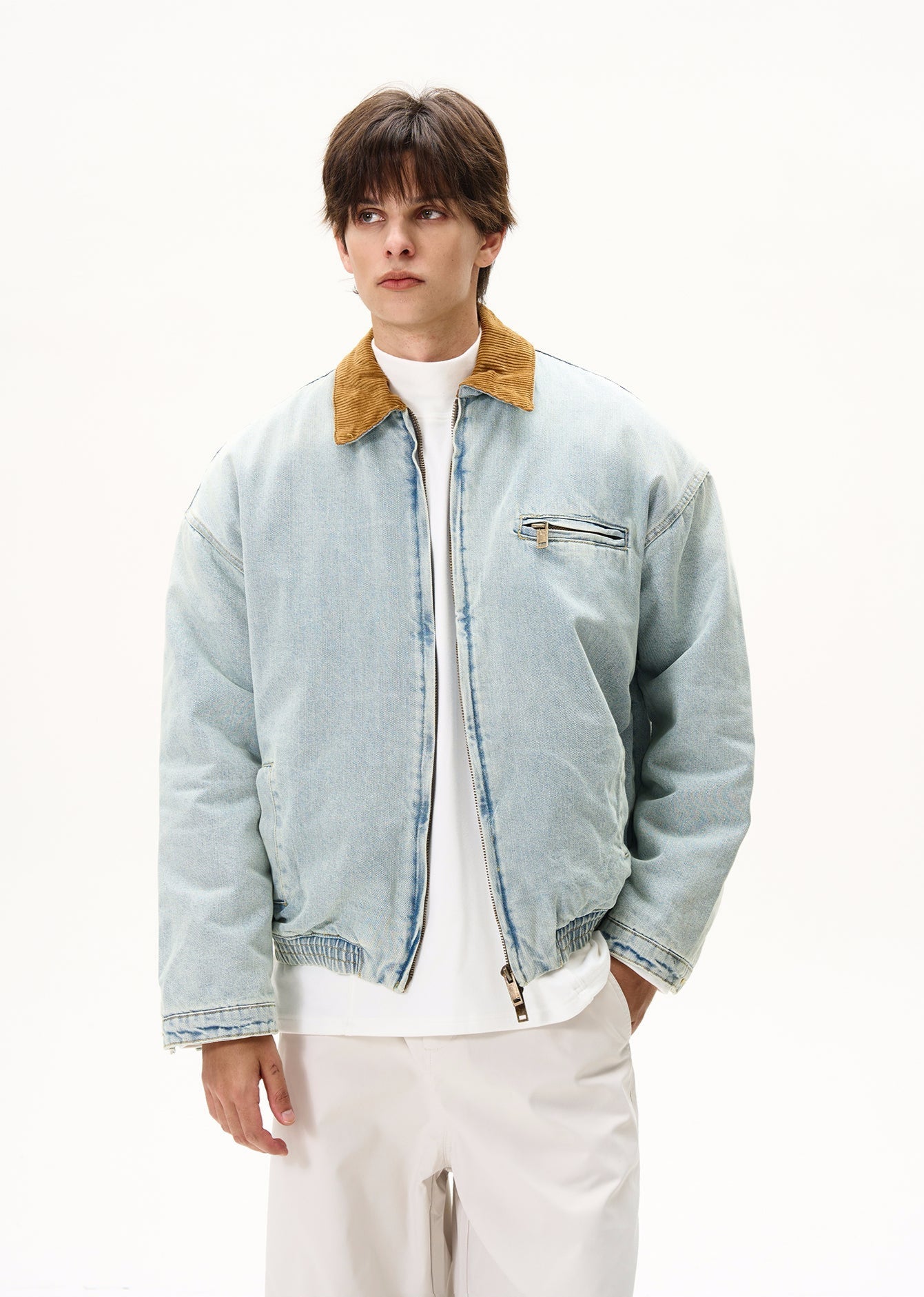 Corduroy Collar Light Denim Bomber Jacket