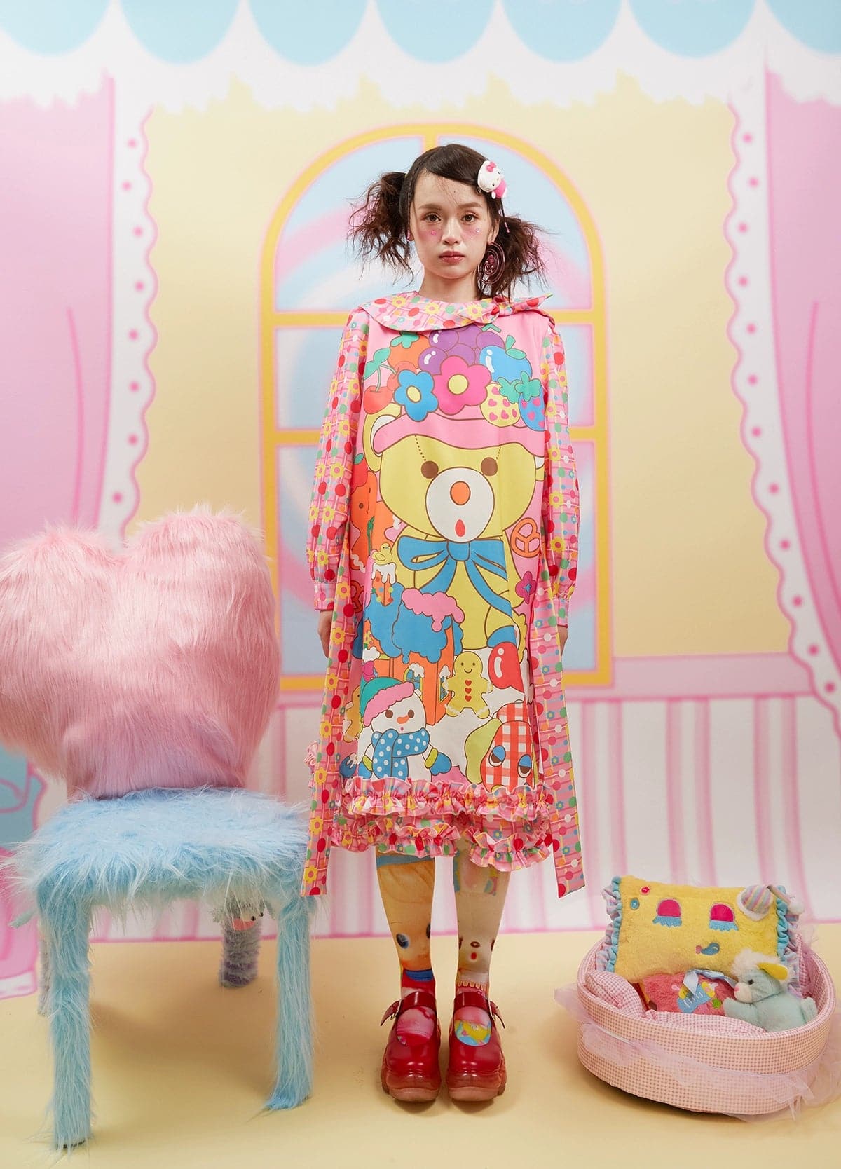 Doll Collar Pink Dress With Cute Bear Print - chiclara