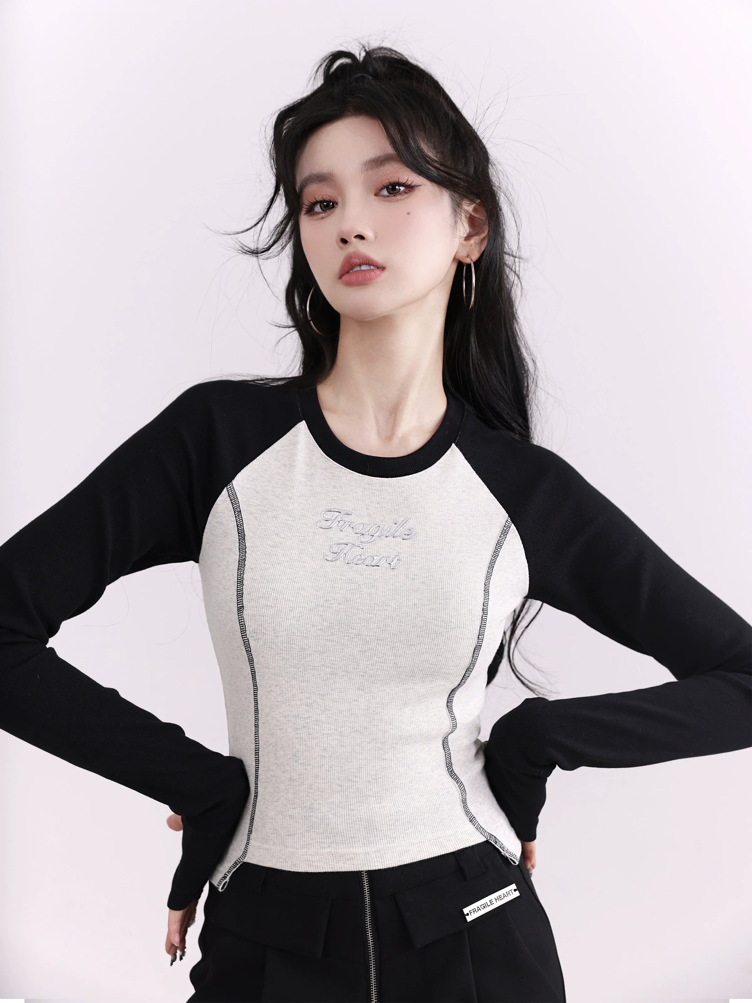 Monochrome Raglan Sleeve Cropped Baseball Tee