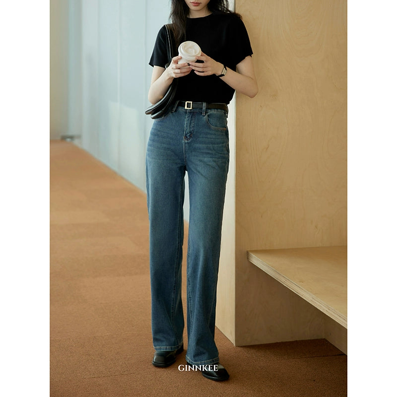 High-Waisted Straight-Leg Blue Jeans