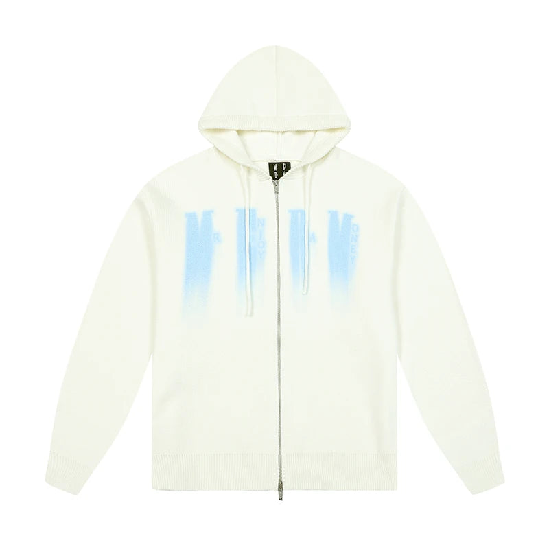 Oversized Gradient Graphic Zip-Up Knit Hoodie