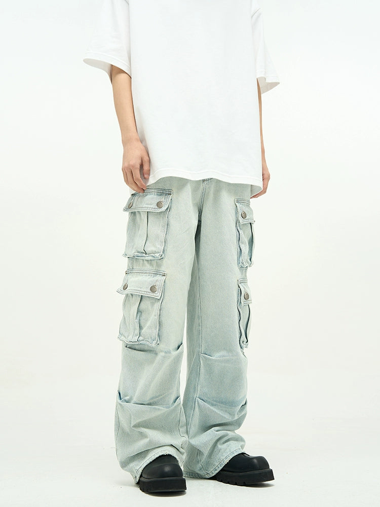 Light Wash Baggy Cargo Jeans with Multiple Flap Pockets