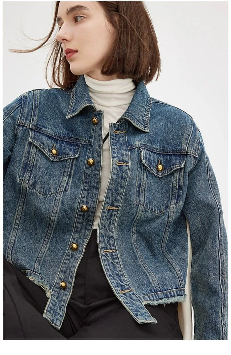 Vintage Casual Denim Jacket With Frayed Hem - chiclara