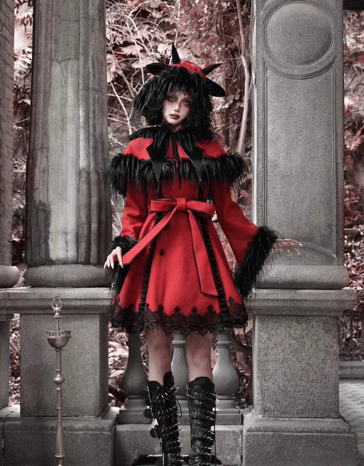 Crimson Faux Fur Trim Gothic Coat Dress