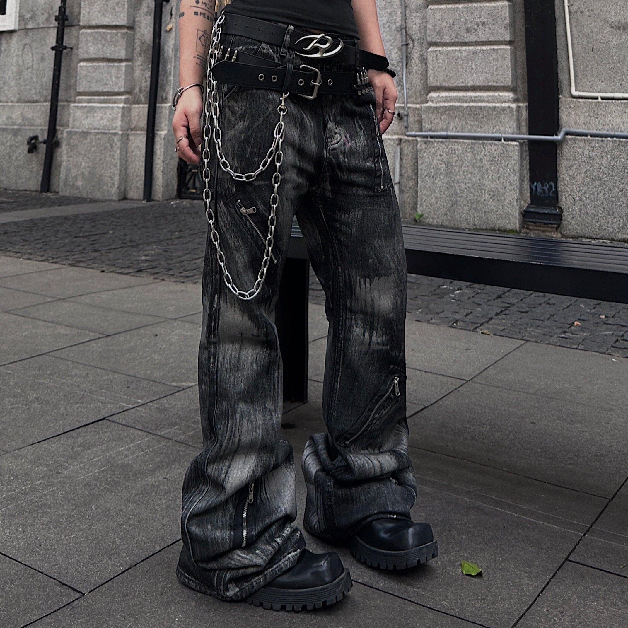 Men's Distressed Washed Zip Wide-Leg Jeans