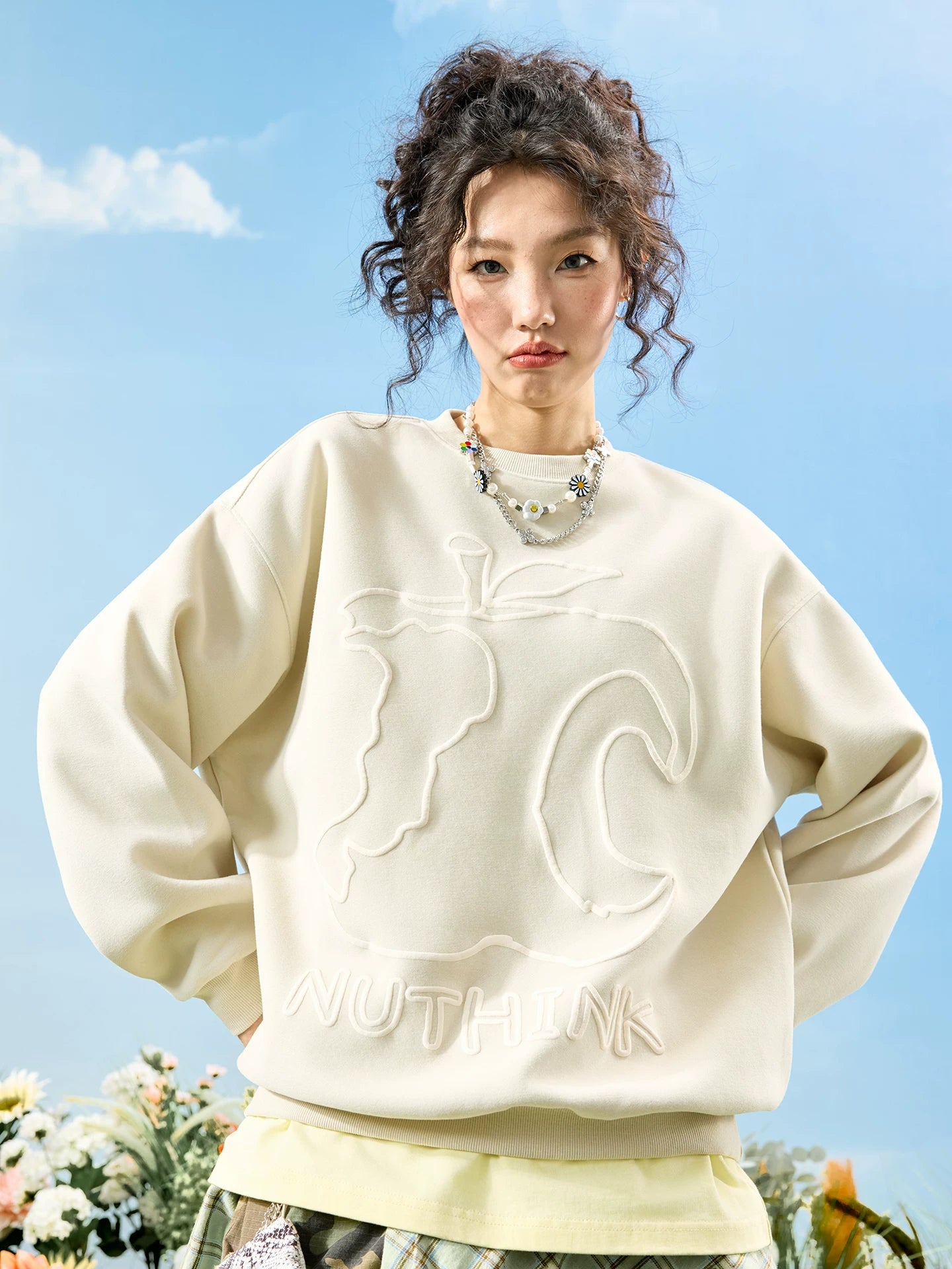 Abstract Outline Embroidered Oversized Crewneck Sweatshirt