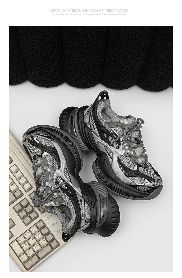 Chunky Futuristic Sneakers with Mesh Panels and Crisscross Detailing