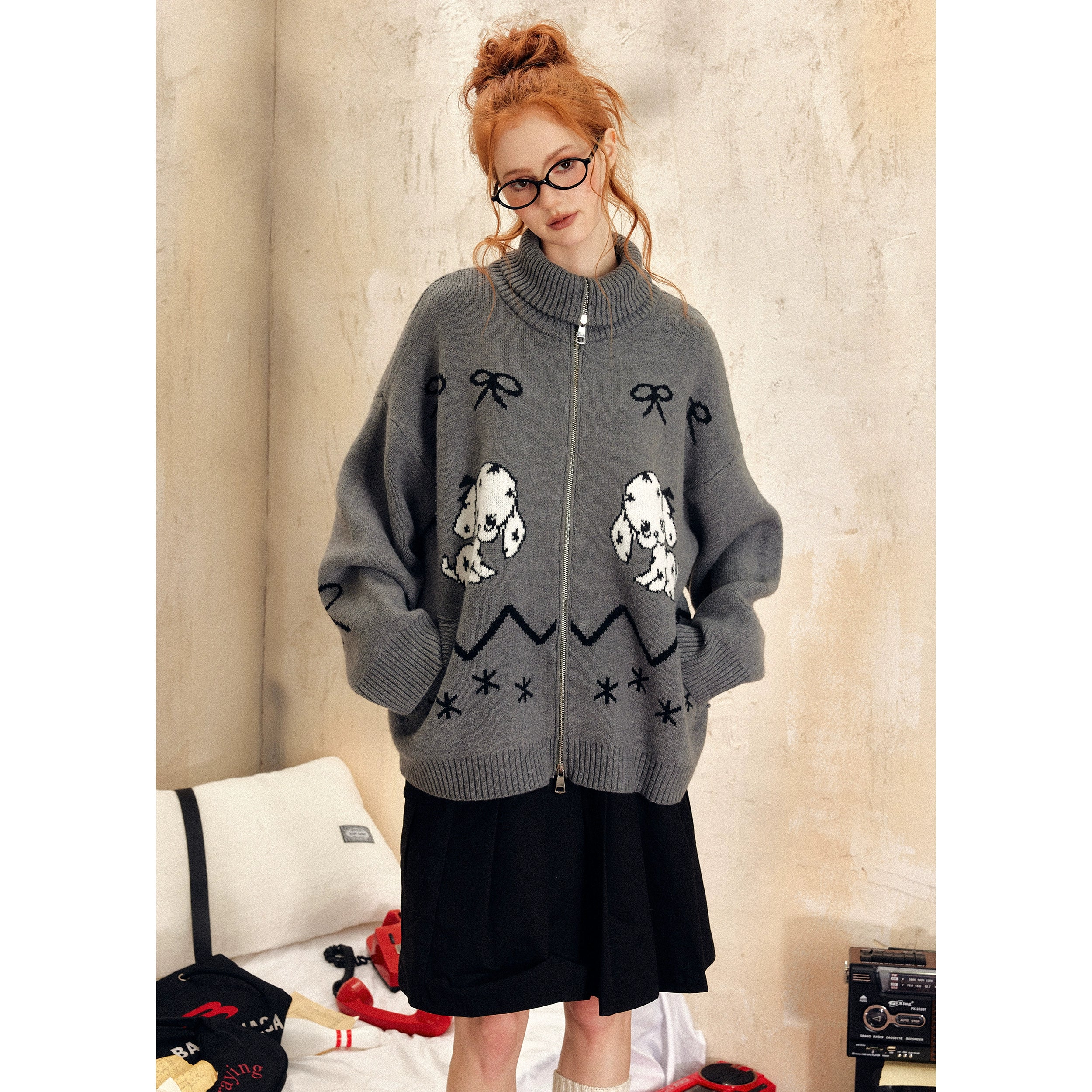 Oversized Zip-Up Sweater with Puppy Print