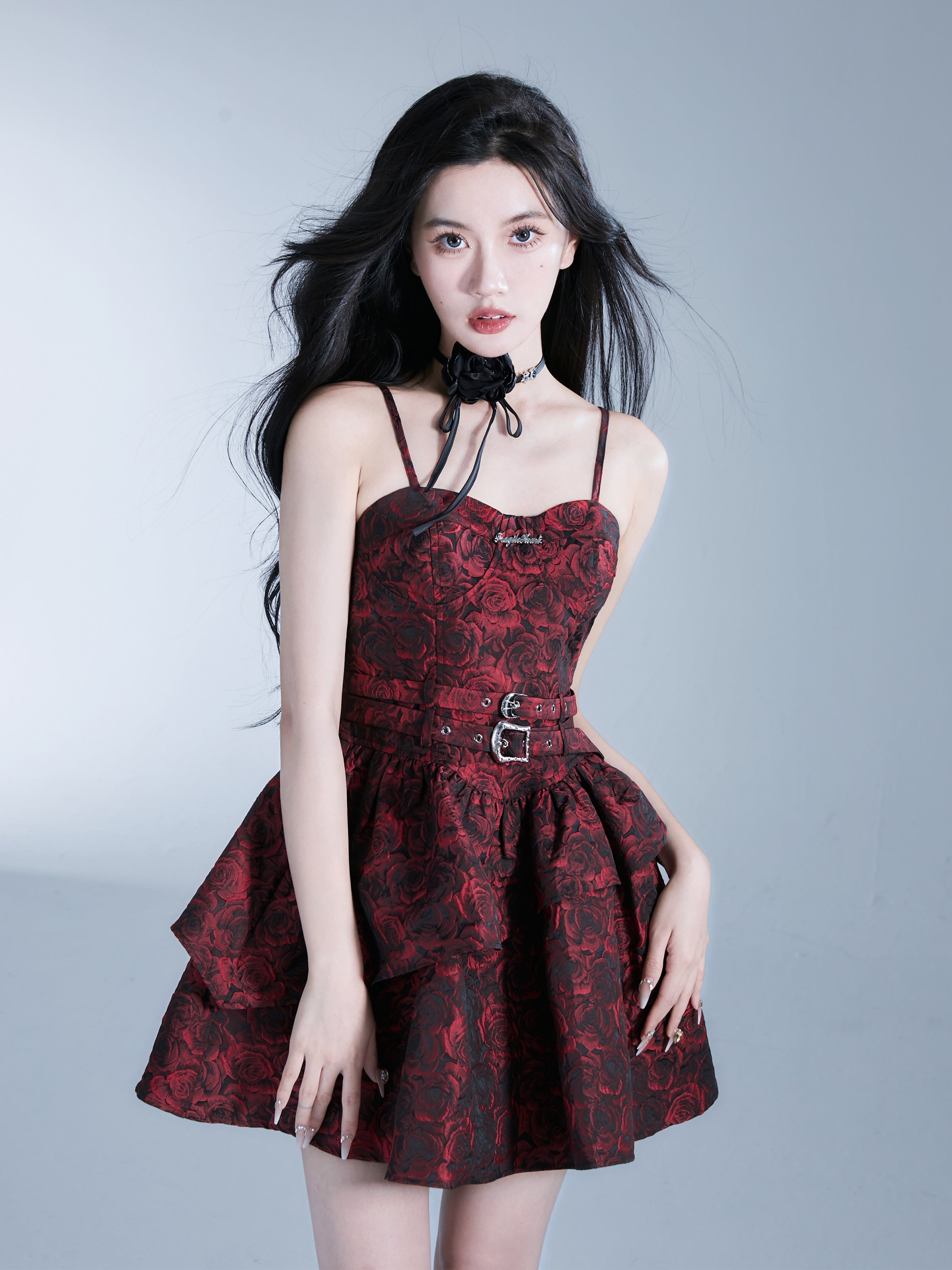 Gothic Floral Brocade Mini Dress - Burgundy Spaghetti Strap Belted Party Dress with Tiered Skirt