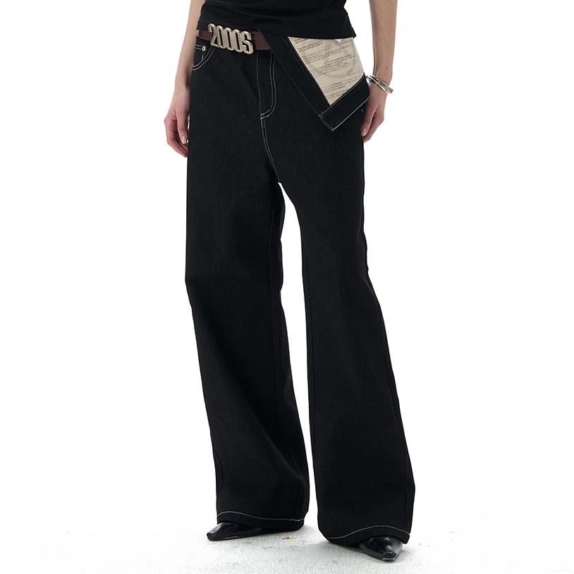 Turn‑Waist Contrast Pocket Straight Jeans