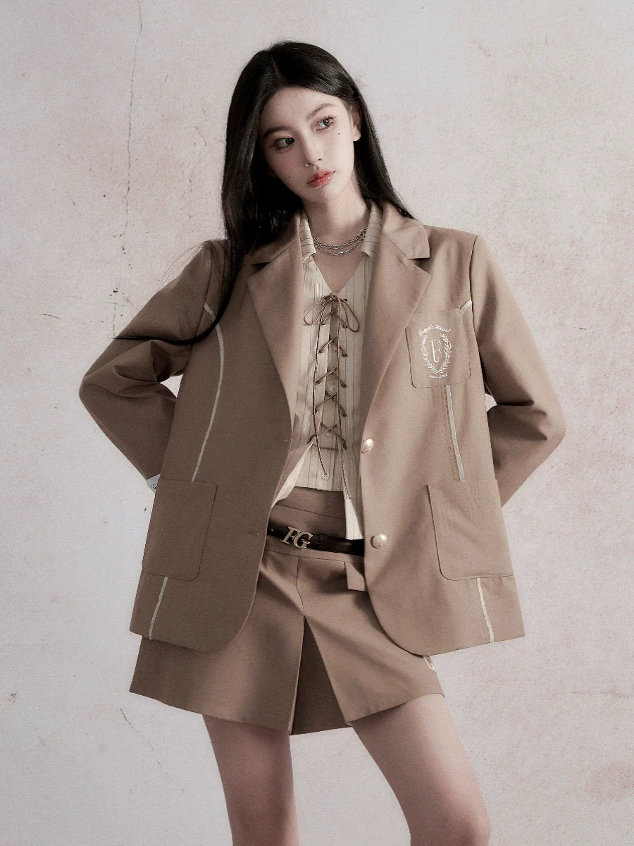 Fragile Heart Preppy Chic Ensemble: Olive Mini Skort, Cream Lace-Up Blouse, and Tailored Khaki Blazer Set