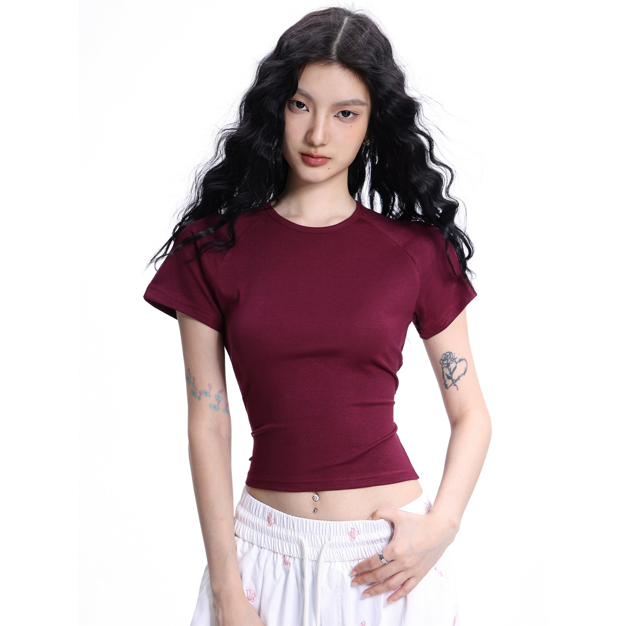 Crop Solid Color Regular Shoulder Short Sleeve T-shirt